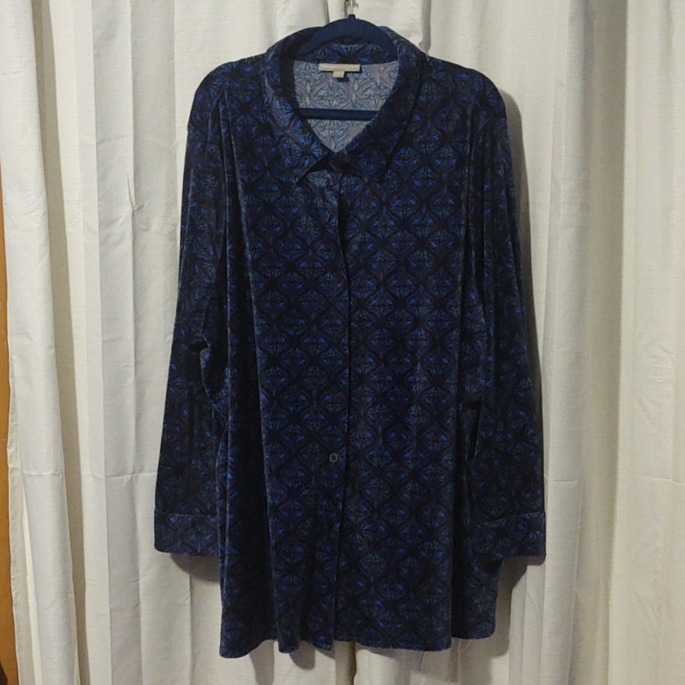 Plush velour button down shirt in blue print